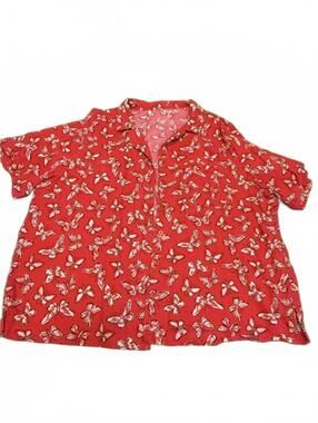 Red Butterfly Print Short Sleeve Blouse